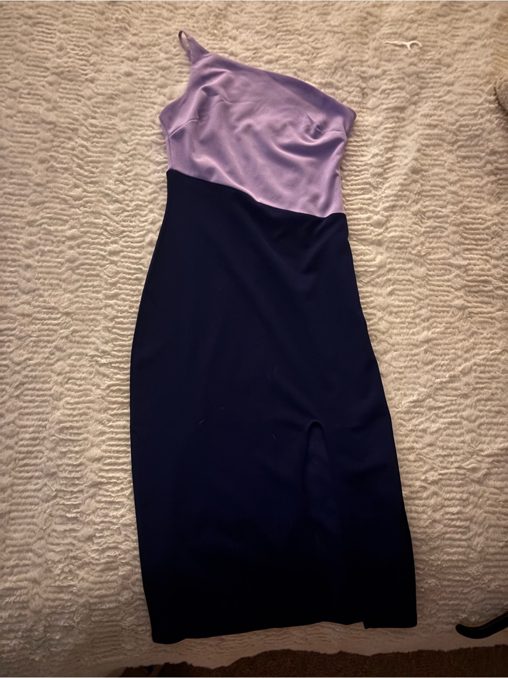 One-Shoulder Lilac and Navy Midi Dress